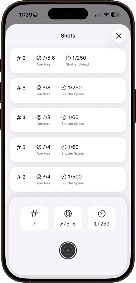 Film exposure logging interface in FilmFolio