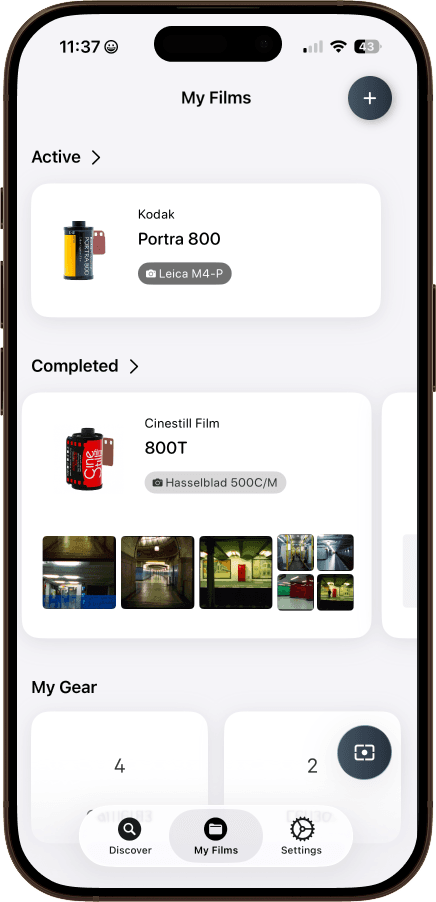 FilmFolio film roll tracker showing active and completed rolls