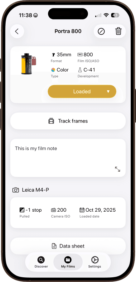 FilmFolio analog photography tracker showing roll overview