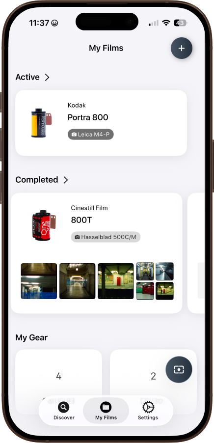 FilmFolio app on iPhone showing film roll tracking